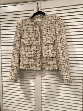Mango Cream Bouclé Tweed Cropped Jacket with Black Check M